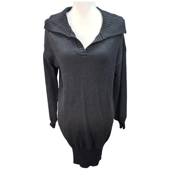 Women’s Black V-Neck Sweater Dress Medium Long Sleeve Ribbed Hem Pullover Casual - Picture 2 of 9